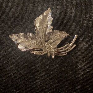 Silver Leaf Brooch with Rhinestones